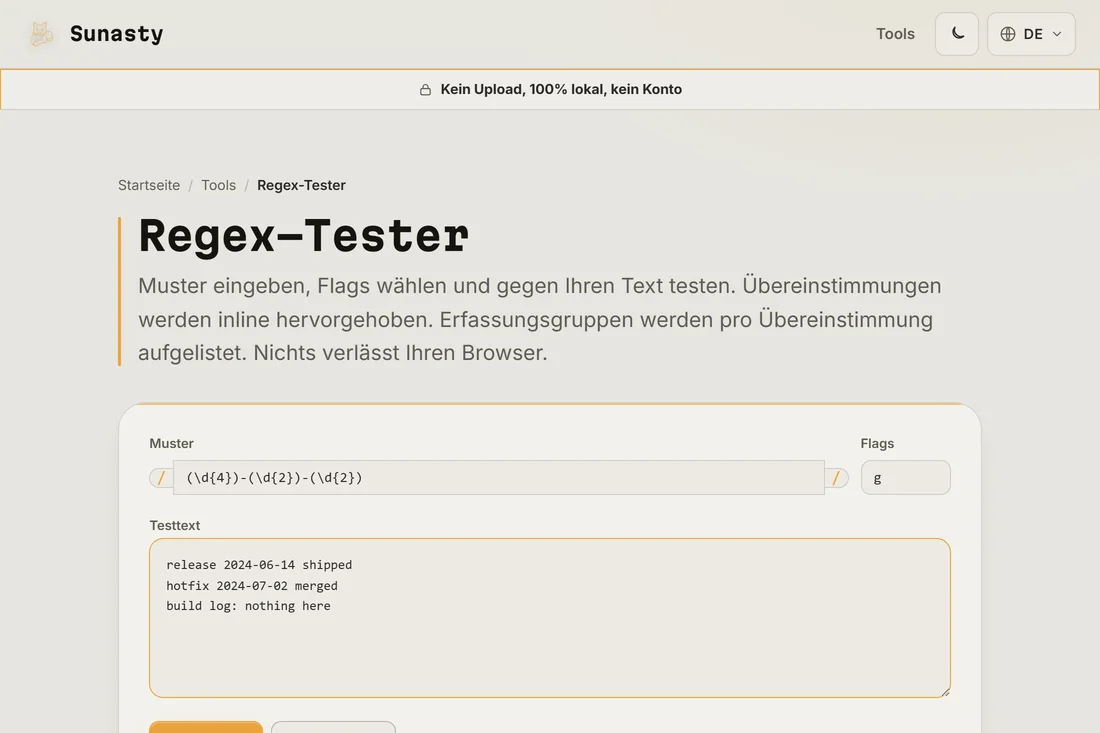 Ein Regex-Muster und eine Flags-Zeichenkette im Tester eingegeben, mit Beispieltext in das Feld darunter eingefügt