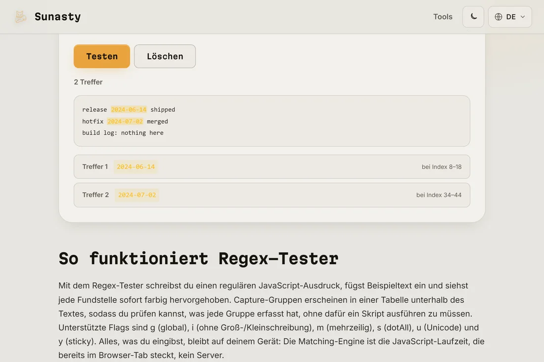 Das Testergebnis: Treffer direkt im Text hervorgehoben und eine Liste, die jede Trefferposition und ihre Erfassungsgruppen zeigt