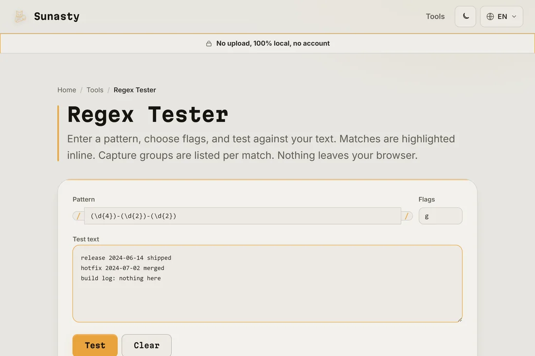 A regex pattern and a flags string entered in the tester, with sample text pasted into the box below