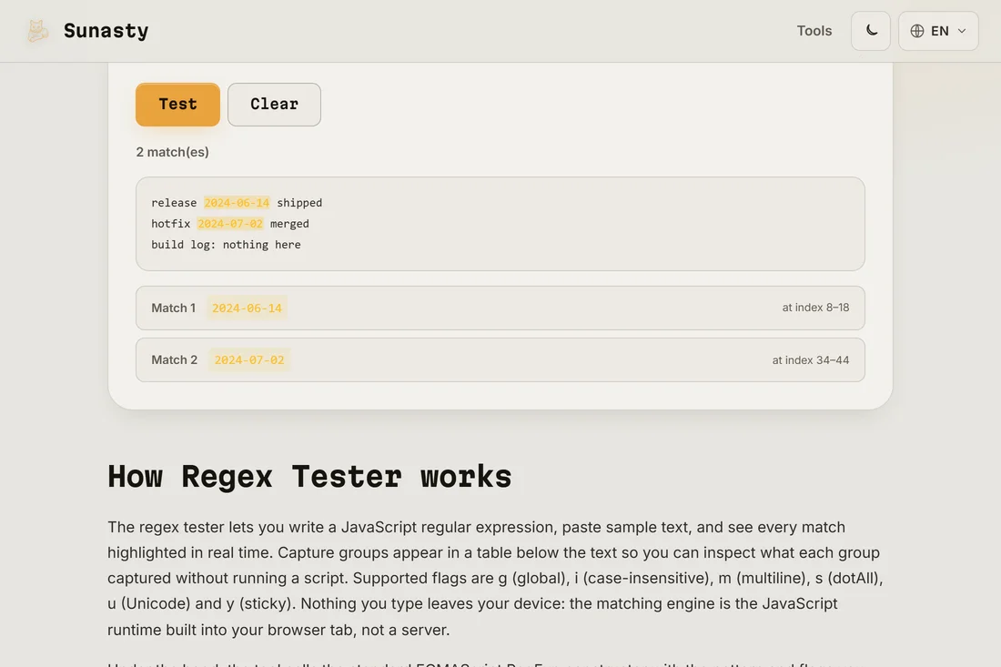 The test result: matches highlighted inline and a list showing each match position and its capture groups