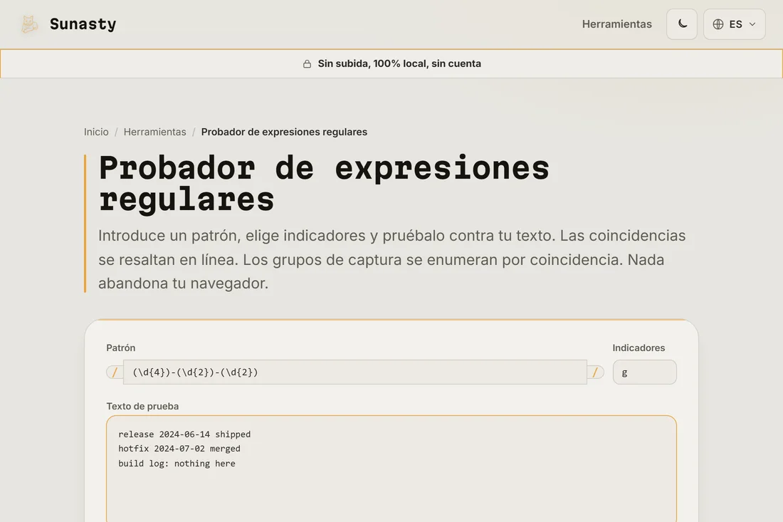 Un patrón de regex y una cadena de indicadores introducidos en el probador, con texto de ejemplo pegado en el cuadro de abajo