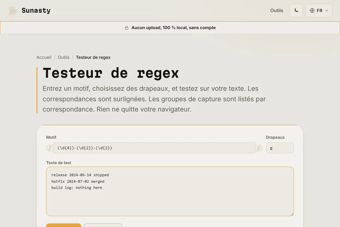 Un motif de regex et une chaîne de drapeaux saisis dans le testeur, avec un texte d'exemple collé dans la zone du dessous