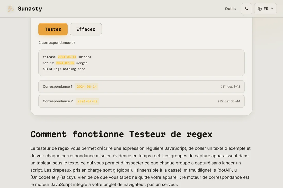 Le résultat du test : correspondances surlignées en ligne et liste indiquant la position de chaque correspondance et ses groupes de capture