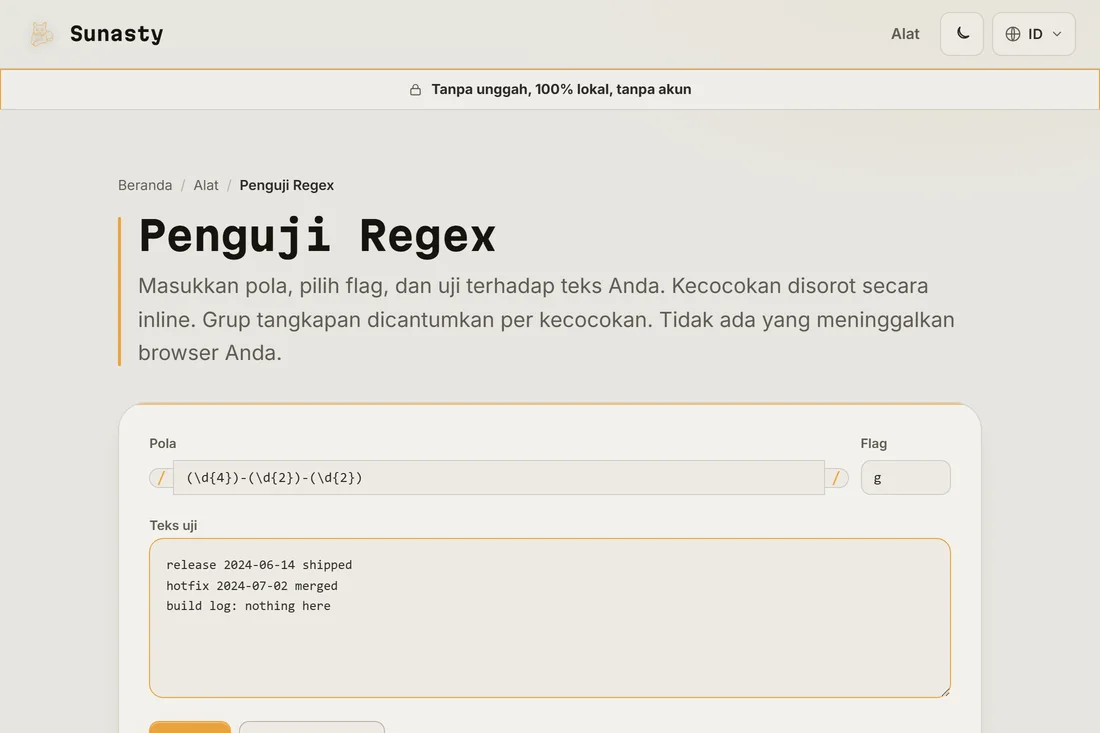 Sebuah pola regex dan string flag dimasukkan di penguji, dengan contoh teks ditempel ke kotak di bawah