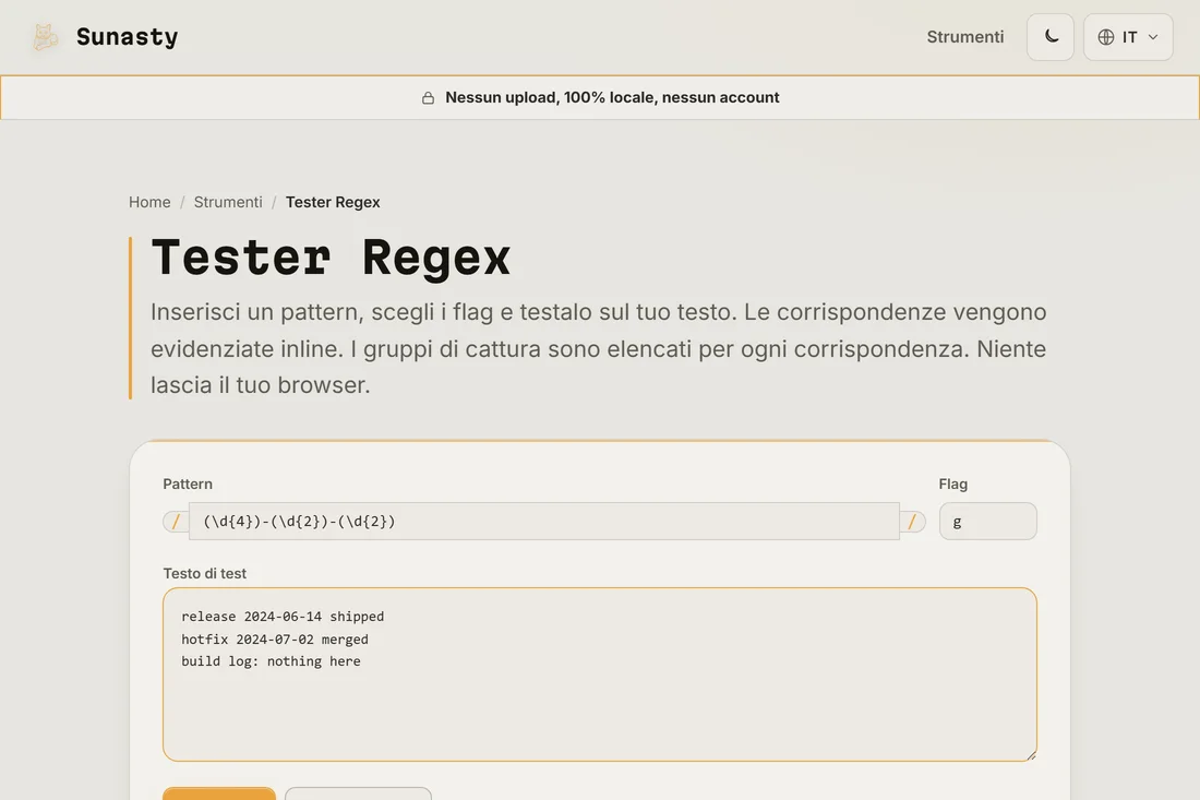 Un pattern di regex e una stringa di flag inseriti nel tester, con testo di esempio incollato nel riquadro sottostante