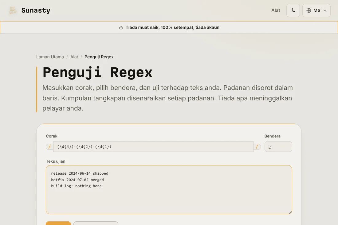 Corak regex dan rentetan bendera dimasukkan dalam penguji, dengan teks contoh ditampal ke dalam kotak di bawah