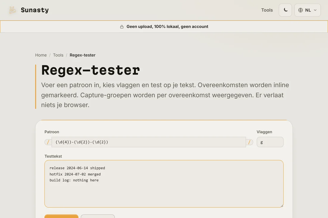 Een regexpatroon en een vlaggenreeks ingevoerd in de tester, met voorbeeldtekst geplakt in het vak eronder