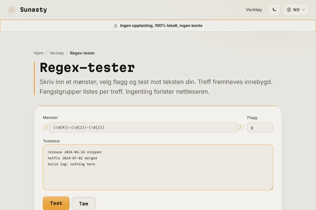 Et regex-mønster og en flagg-streng skrevet inn i testeren, med eksempeltekst limt inn i boksen nedenfor