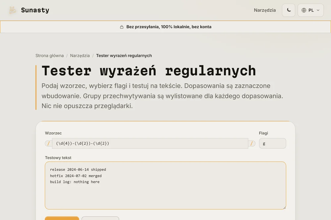 Wzorzec regex i ciąg flag wpisane w testerze, z przykładowym tekstem wklejonym w pole poniżej