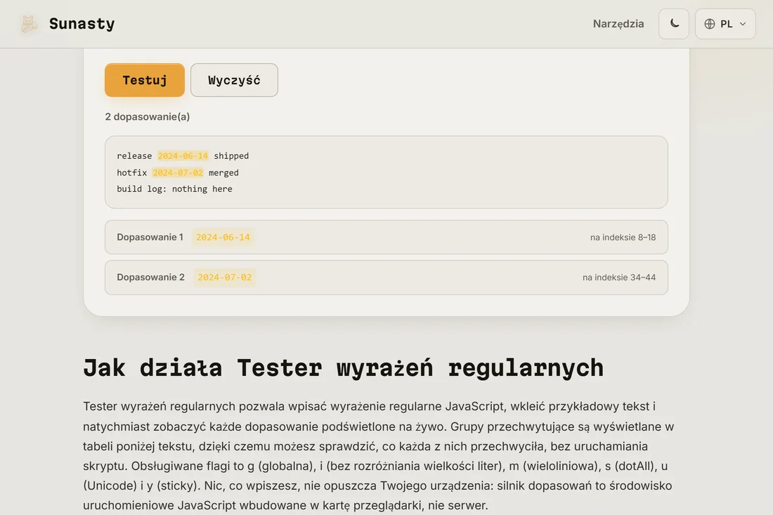 Wynik testu: dopasowania podświetlone w tekście i lista pokazująca pozycję każdego dopasowania oraz jego grupy przechwytujące