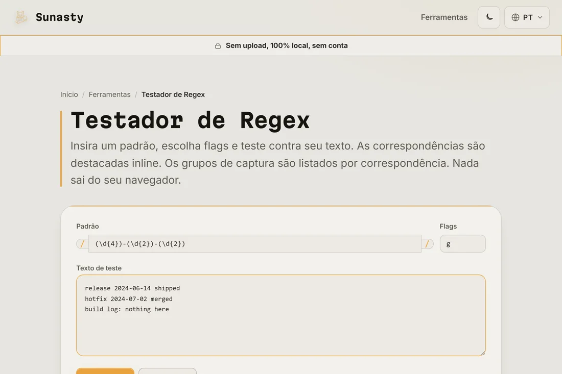 Um padrão de regex e uma string de flags inseridos no testador, com texto de exemplo colado na caixa abaixo