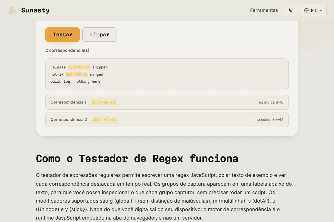 O resultado do teste: correspondências realçadas em linha e uma lista mostrando a posição de cada correspondência e seus grupos de captura