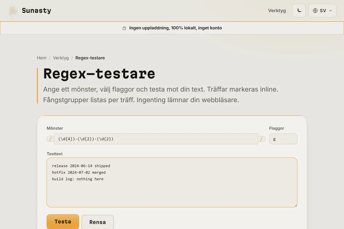 Ett regexmönster och en flaggsträng inmatade i testaren, med exempeltext inklistrad i rutan nedanför