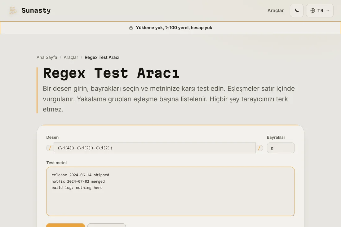 Test aracına girilmiş bir regex deseni ve bir bayraklar dizesi, aşağıdaki kutuya yapıştırılmış örnek metinle