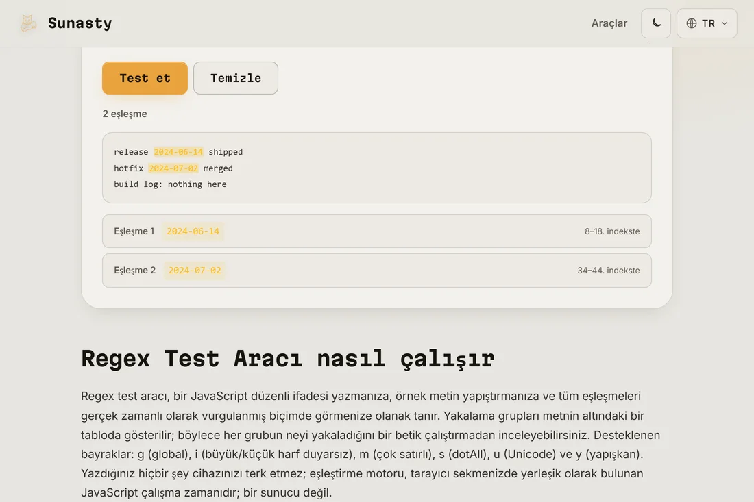 Test sonucu: satır içi vurgulanan eşleşmeler ve her eşleşme konumunu ve yakalama gruplarını gösteren bir liste