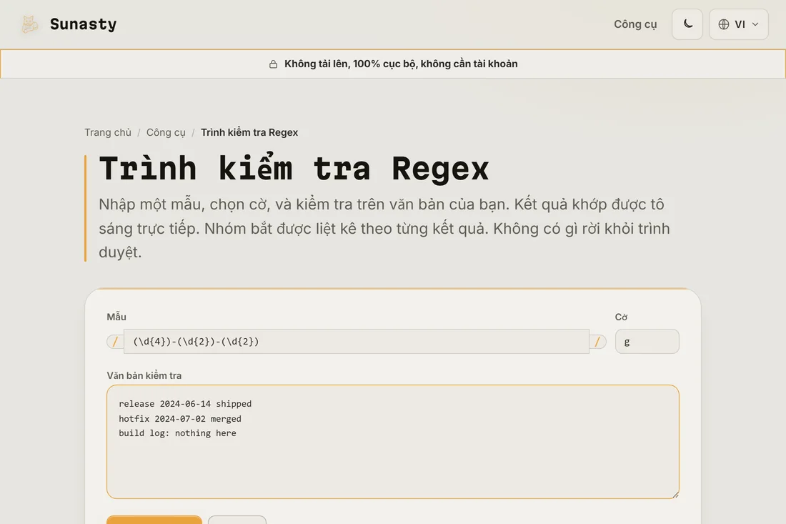 Một mẫu regex và một chuỗi cờ được nhập trong công cụ kiểm tra, với văn bản mẫu dán vào ô bên dưới