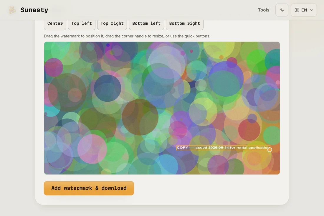 The watermarked ID card ready to download, with the copy notice visible across the document