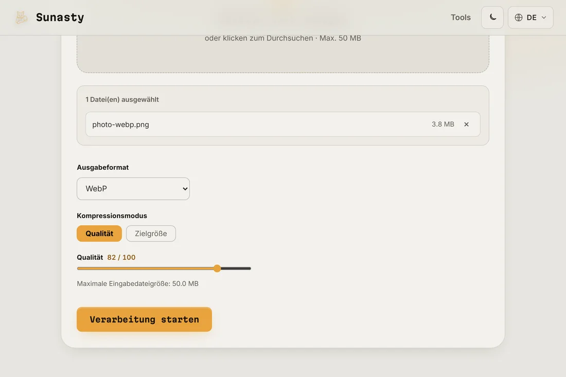 Der Bildkonverter mit WebP als ausgewähltem Ausgabeformat