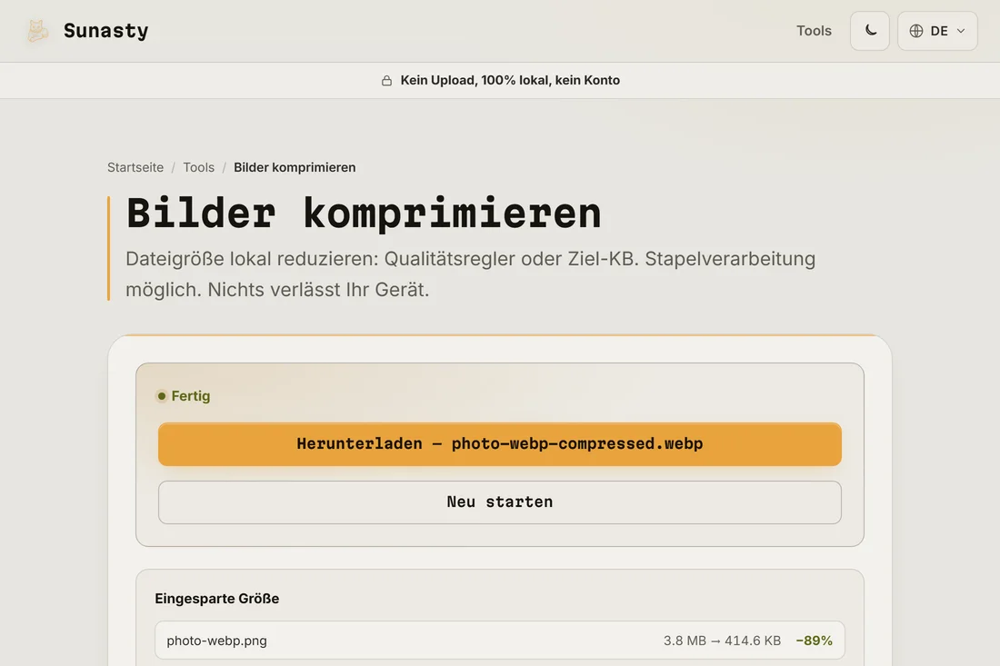 Die eingesparte Größe beim Konvertieren desselben Fotos in WebP
