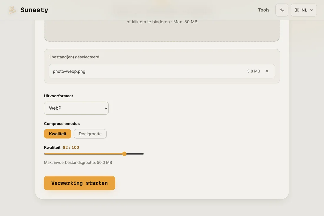 De afbeeldingsconverter met WebP geselecteerd als uitvoerformaat