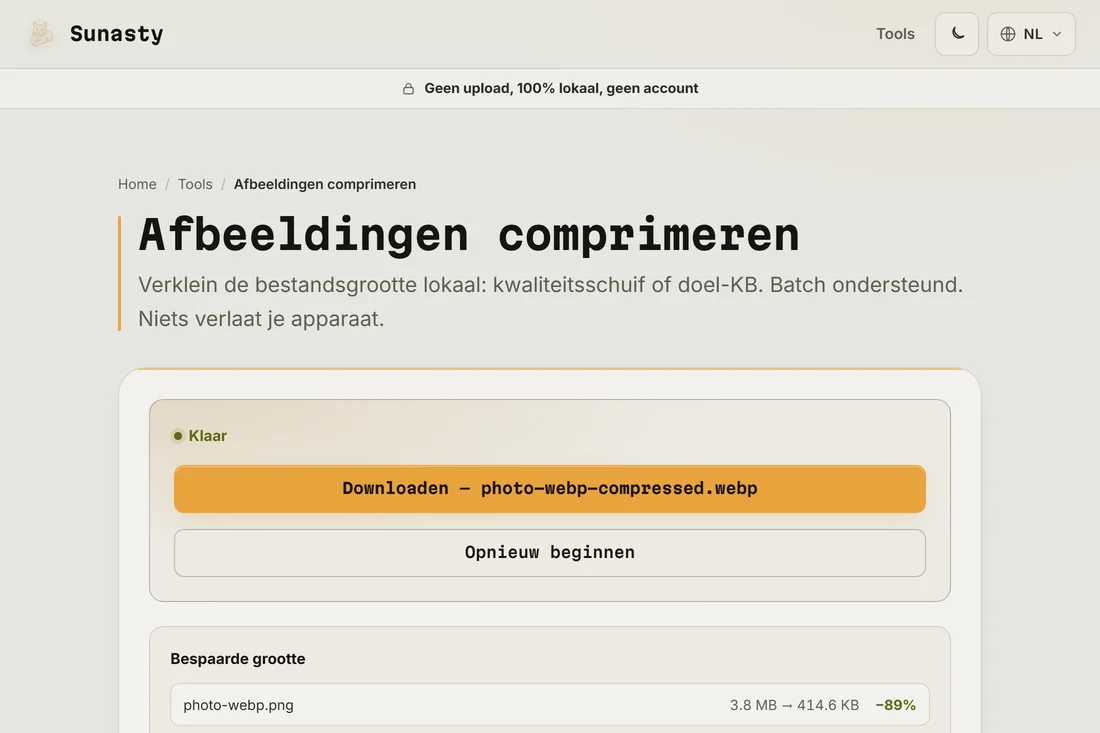 De bespaarde grootte door dezelfde foto naar WebP te converteren