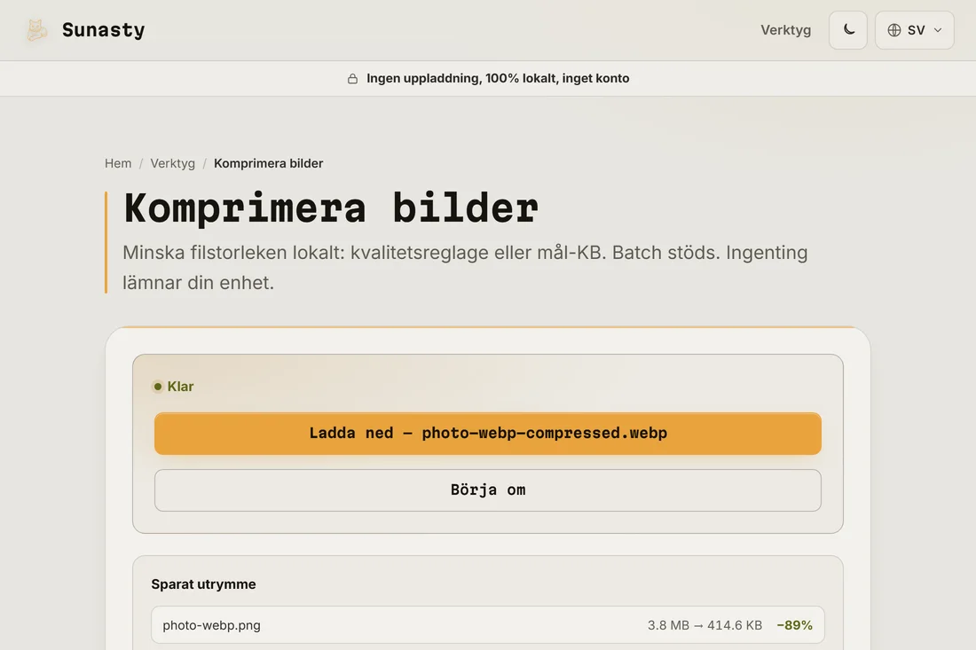 Storleken som sparas genom att konvertera samma foto till WebP