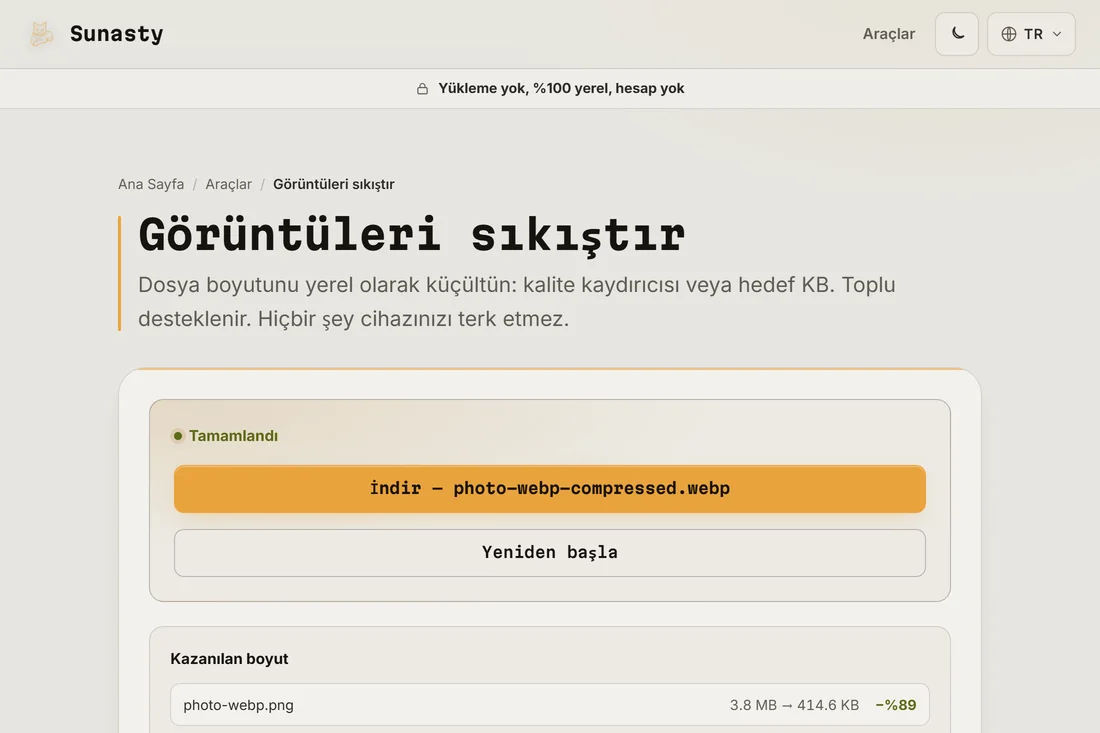 Aynı fotoğrafı WebP'ye dönüştürmekle kazanılan boyut