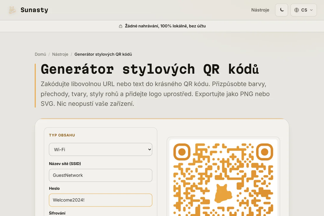 Generator QR kodu s vybranym typem obsahu Wi-Fi a vyplnenym SSID a heslem