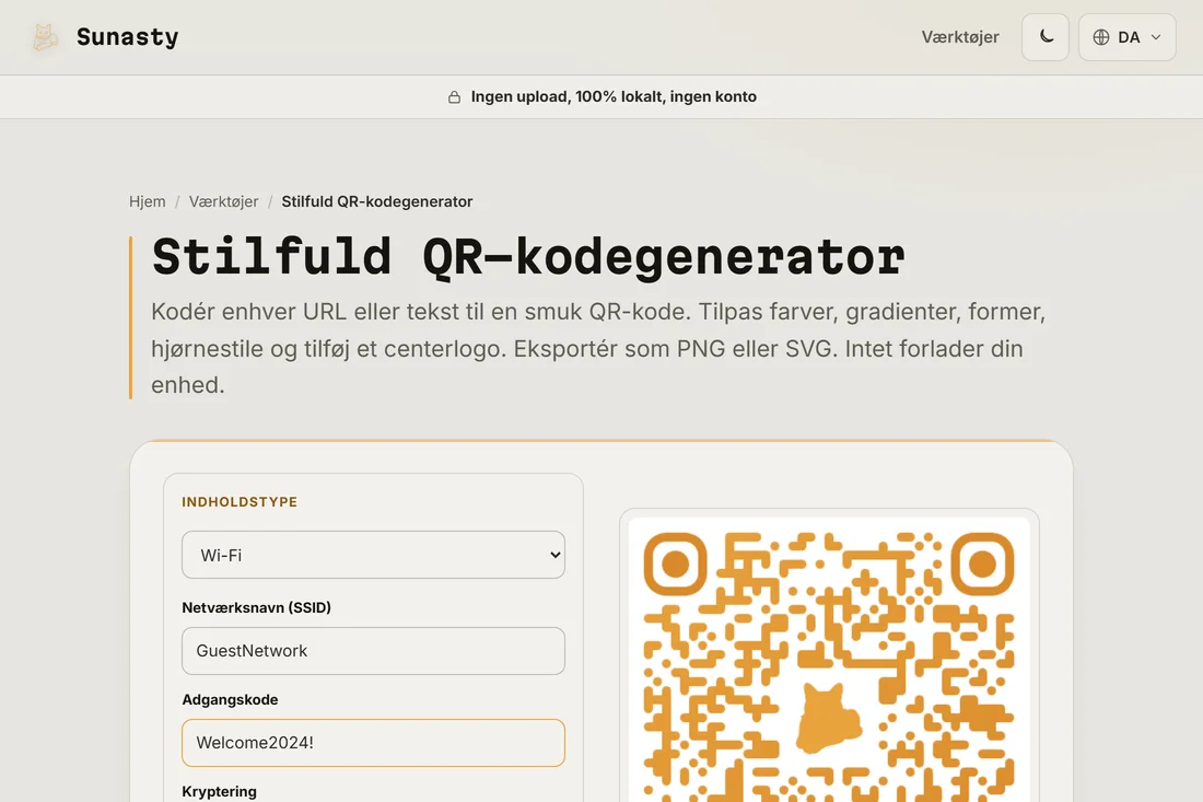 QR-kodegeneratoren med indholdstypen Wi-Fi valgt og et SSID og en adgangskode udfyldt