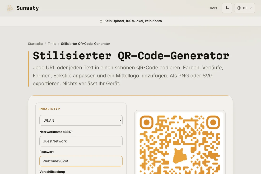 Der QR-Code-Generator mit ausgewähltem Wi-Fi-Inhaltstyp sowie eingetragener SSID und eingetragenem Passwort