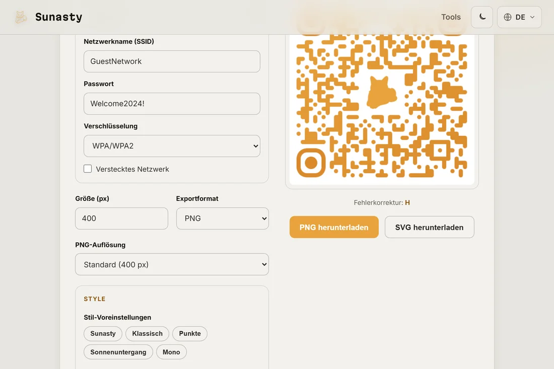Ein gestalteter QR-Code mit einem individuellen Logo in der Mitte, bereit zum Download als PNG oder SVG