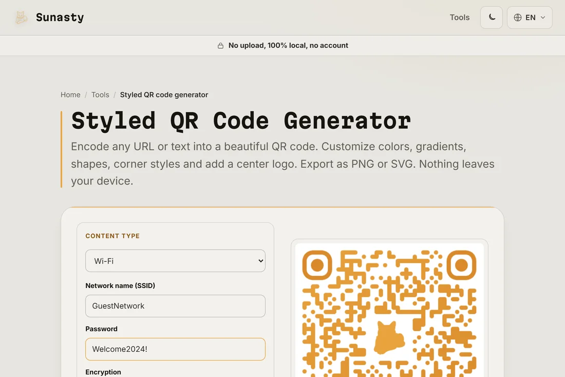 The QR code generator with the Wi-Fi content type selected and an SSID and password filled in