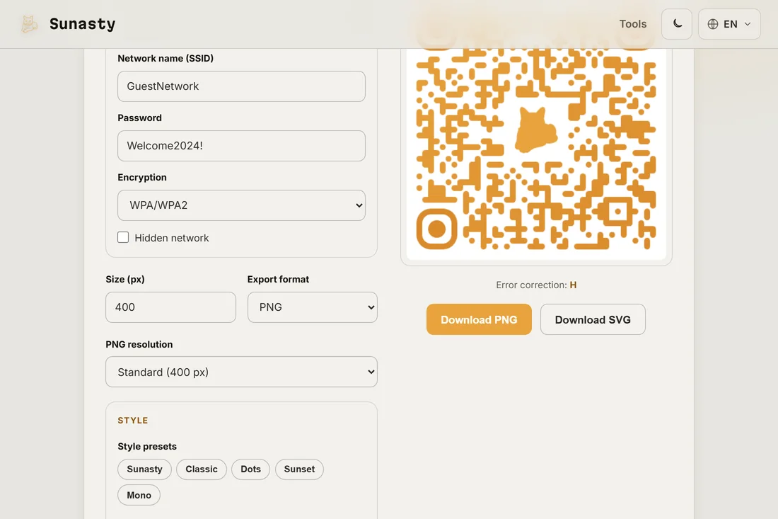 A styled QR code with a custom logo in the center, ready to download as PNG or SVG