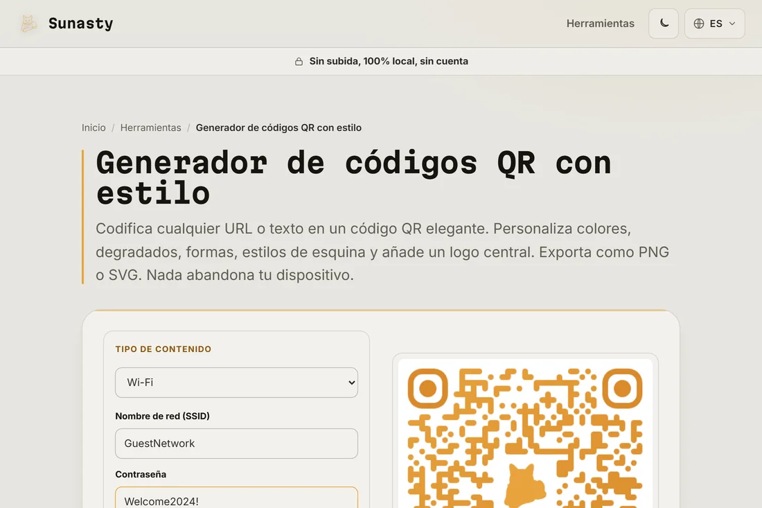 El generador de codigos QR con el tipo de contenido Wi-Fi seleccionado y un SSID y una contrasena rellenados