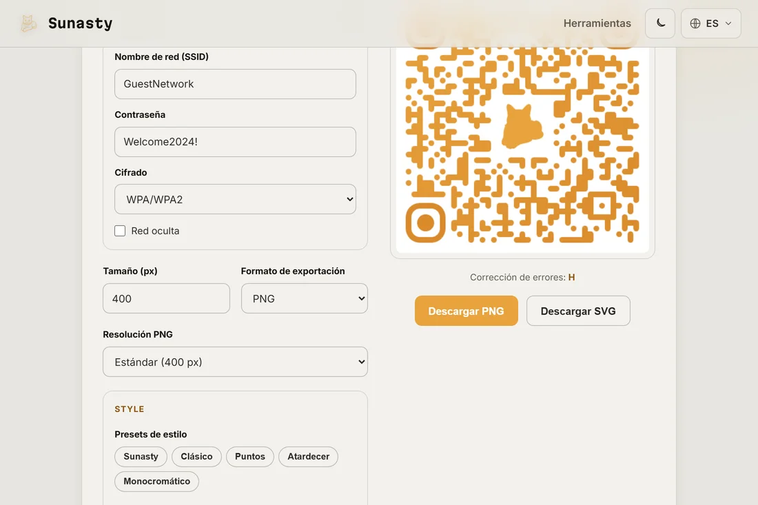 Un codigo QR con estilo y un logo personalizado en el centro, listo para descargar como PNG o SVG