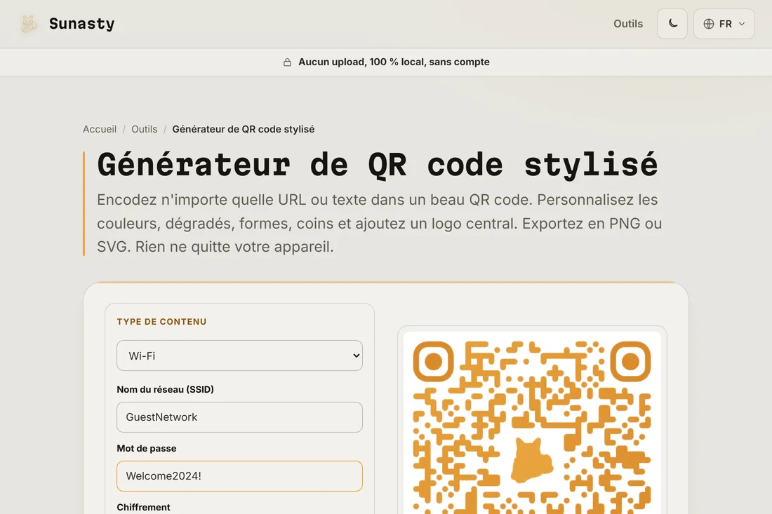 Le generateur de QR code avec le type Wi-Fi selectionne et un SSID et un mot de passe saisis