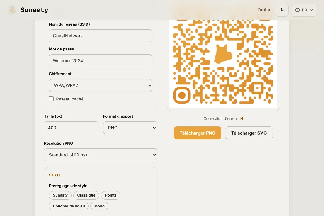 Un QR code stylise avec un logo personnalise au centre, pret a telecharger en PNG ou SVG