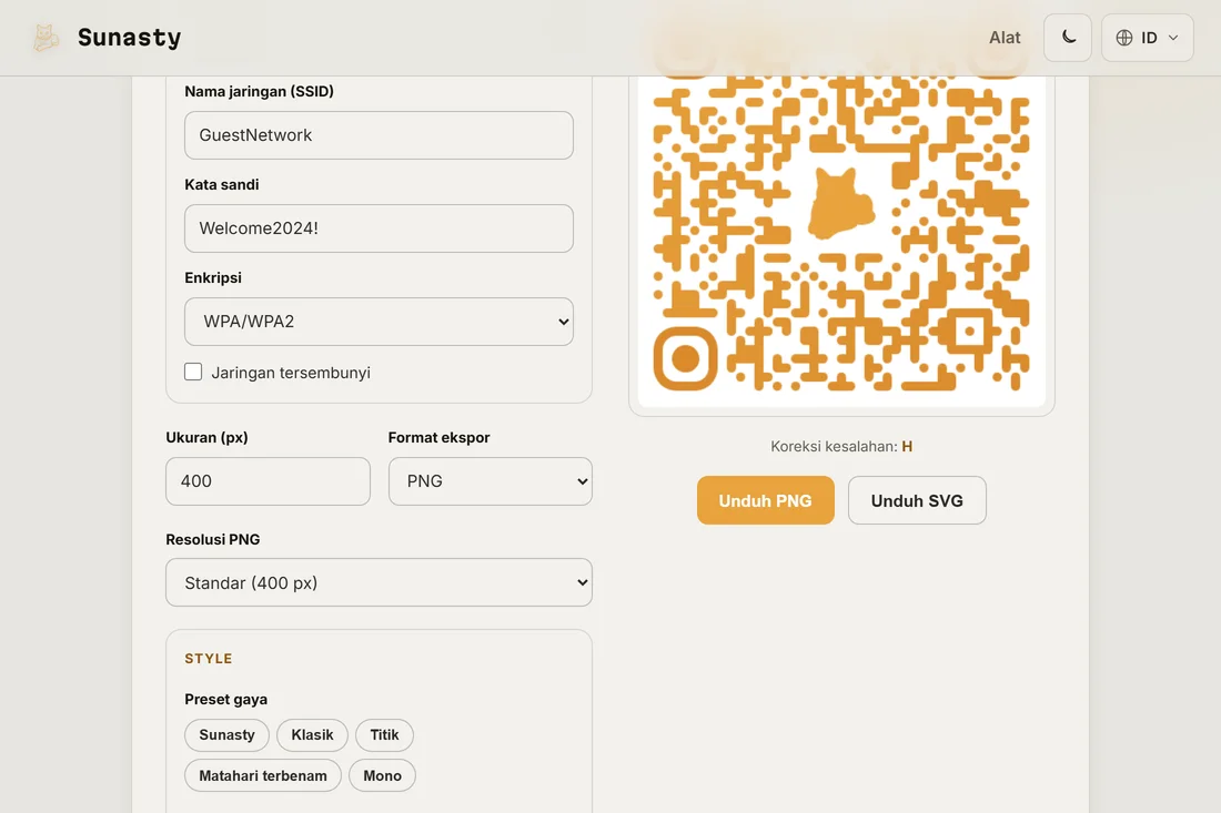 QR code bergaya dengan logo khusus di tengah, siap diunduh sebagai PNG atau SVG
