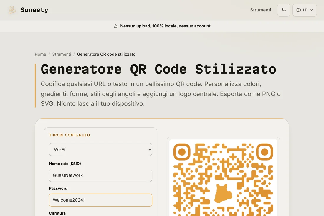 Il generatore di QR code con il tipo di contenuto Wi-Fi selezionato e un SSID e una password compilati