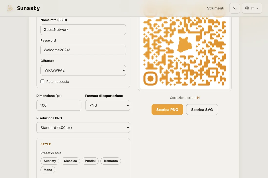 Un QR code con stile personalizzato e un logo su misura al centro, pronto da scaricare come PNG o SVG