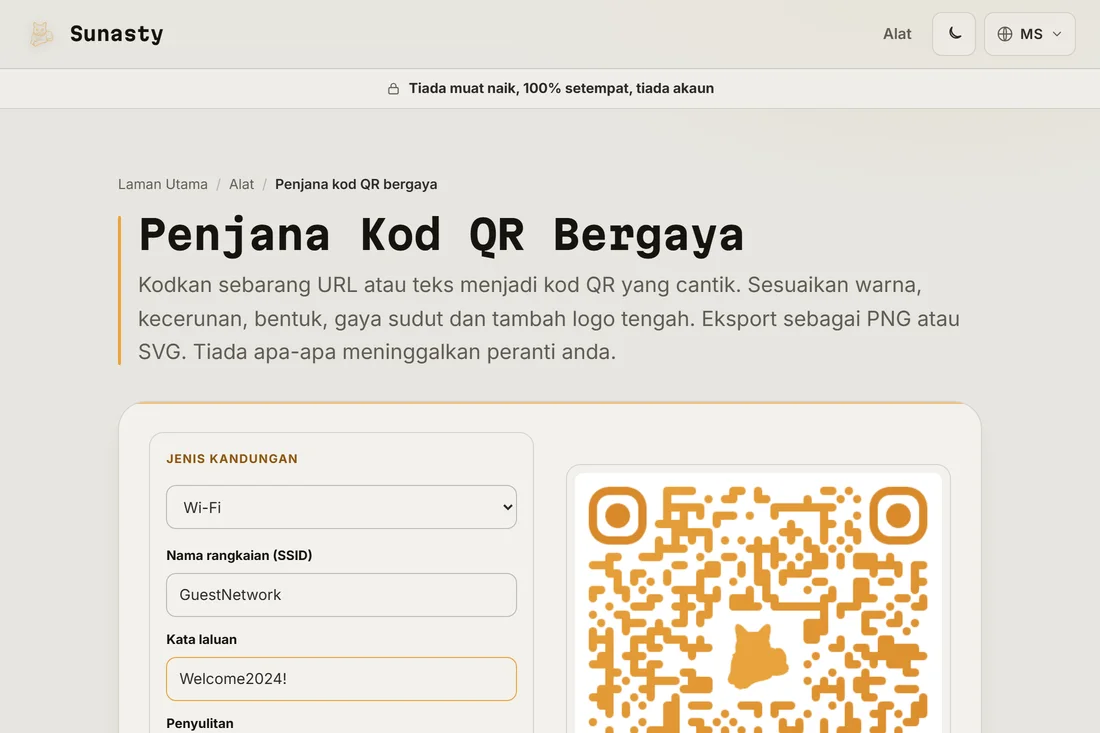 Penjana kod QR dengan jenis kandungan Wi-Fi dipilih serta SSID dan kata laluan diisi