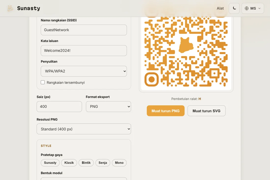 Kod QR bergaya dengan logo tersuai di tengah, sedia untuk dimuat turun sebagai PNG atau SVG