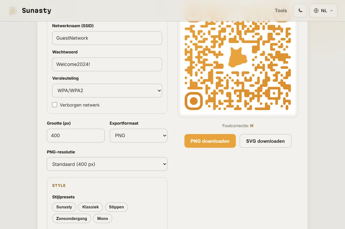 Een gestileerde QR-code met een aangepast logo in het midden, klaar om te downloaden als PNG of SVG