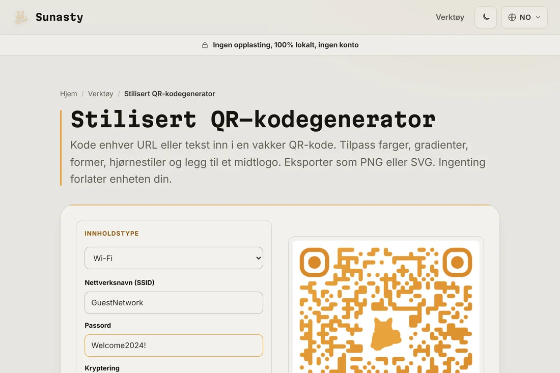 QR-kodegeneratoren med Wi-Fi-innholdstypen valgt og en SSID og et passord fylt ut