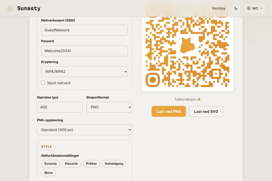 En stilisert QR-kode med en egen logo i midten, klar til å lastes ned som PNG eller SVG