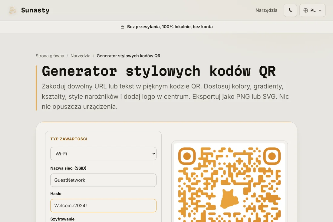 Generator kodów QR z wybranym typem treści Wi-Fi oraz wpisanym SSID i hasłem
