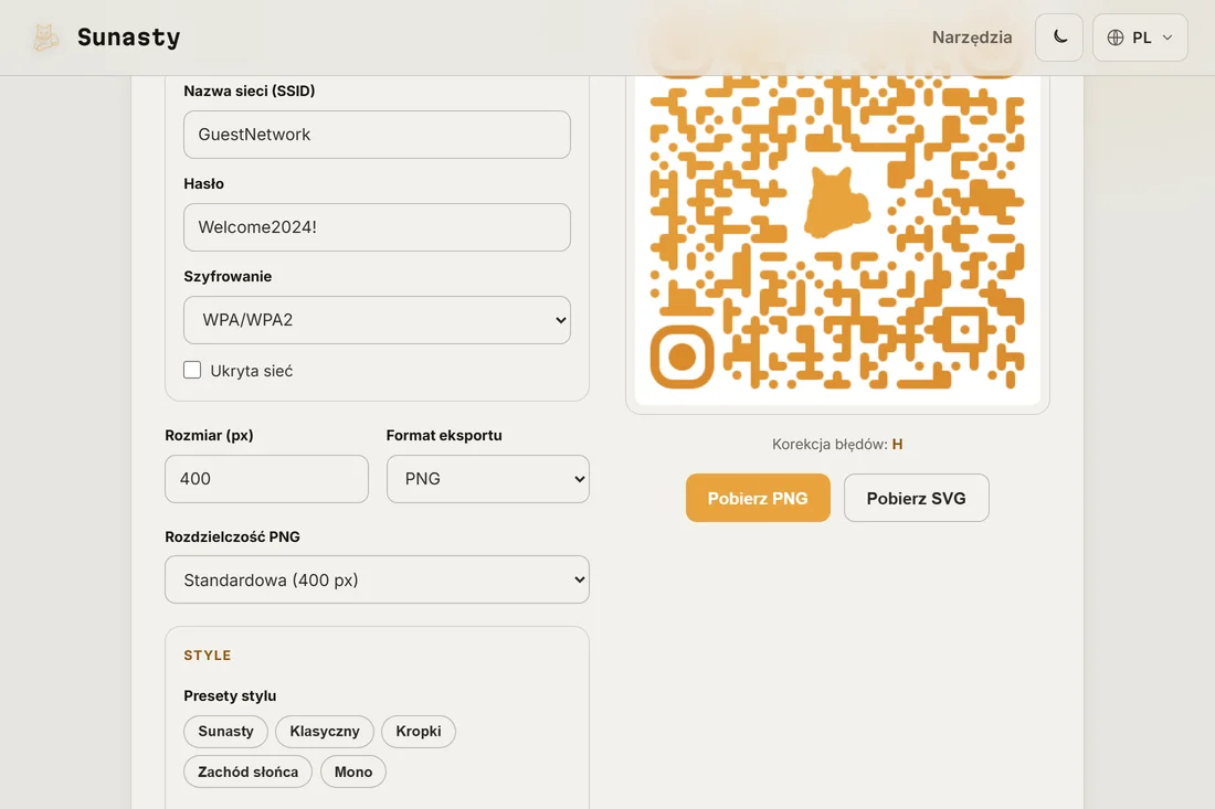 Stylizowany kod QR z własnym logo pośrodku, gotowy do pobrania jako PNG lub SVG
