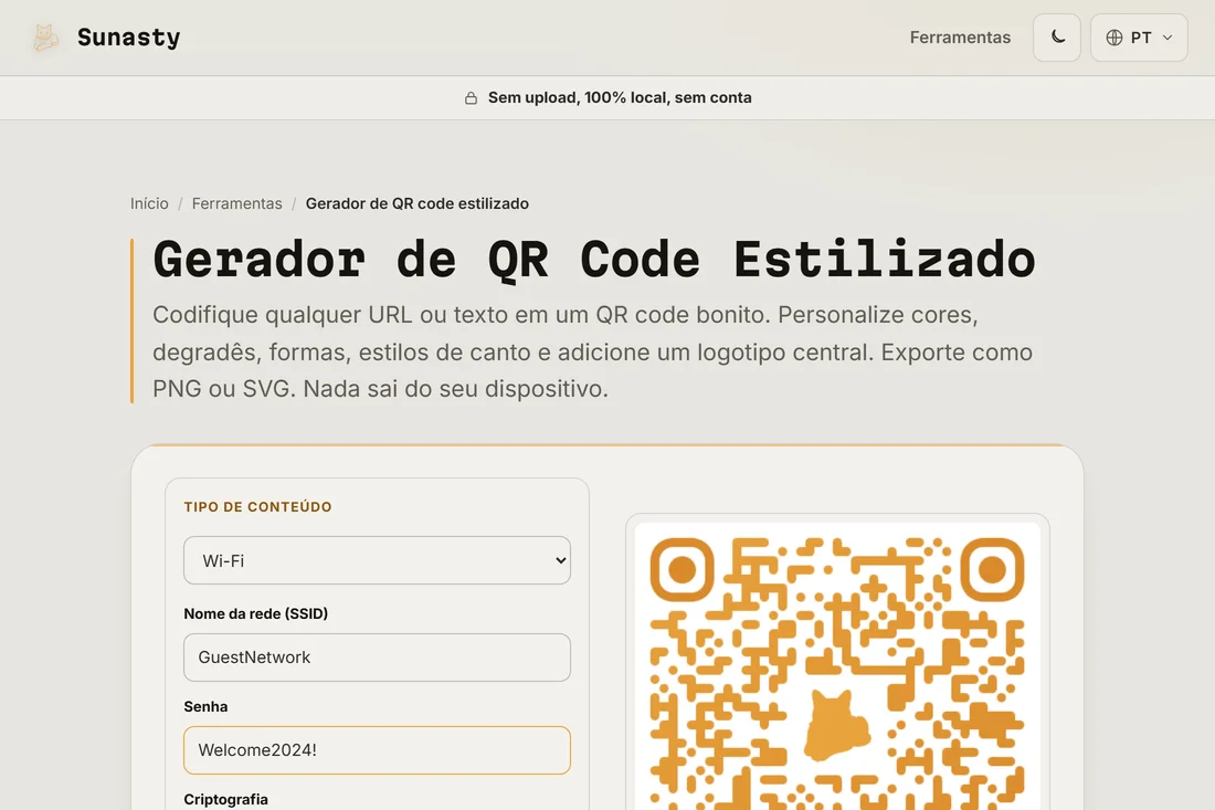O gerador de QR code com o tipo de conteudo Wi-Fi selecionado e um SSID e uma senha preenchidos