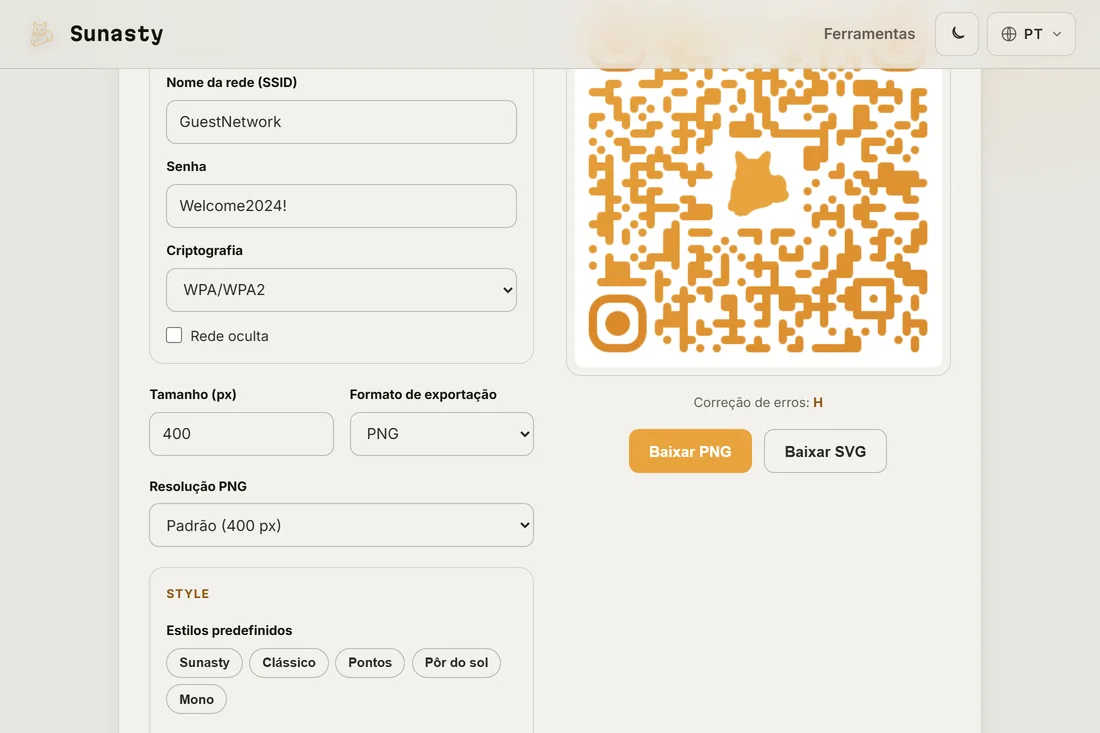 Um QR code estilizado com um logotipo personalizado no centro, pronto para baixar como PNG ou SVG