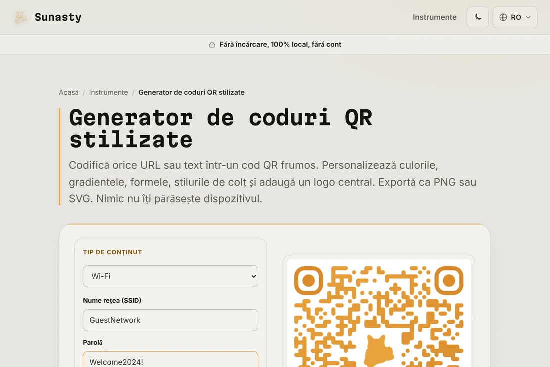 Generatorul de cod QR cu tipul de conținut Wi-Fi selectat și un SSID și o parolă completate